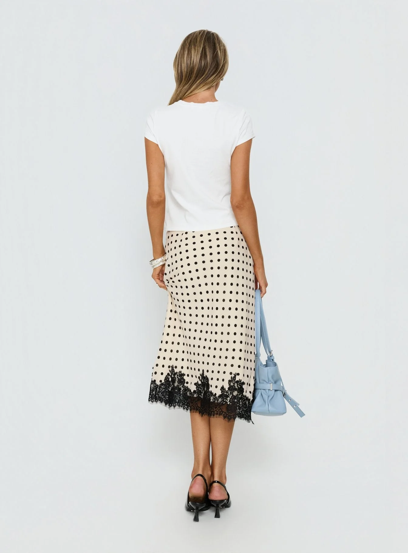 Downtown Scene Lace Trim Maxi Skirt Cream Polka - Image 5