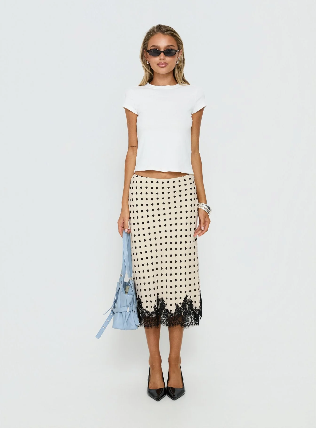 Downtown Scene Lace Trim Maxi Skirt Cream Polka - Image 8