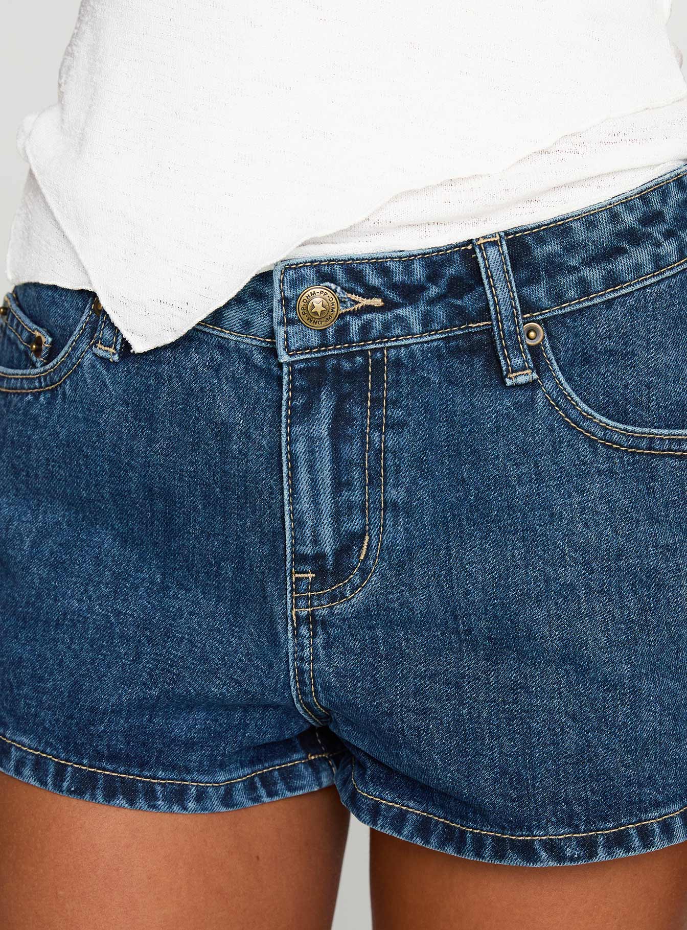 Dreamful Low Rise Mini Denim Shorts Dark Blue Wash - Image 7