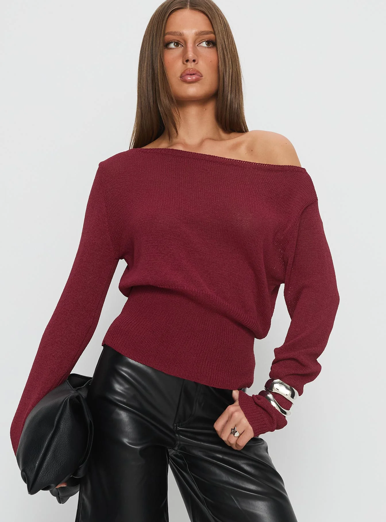 Durian Asymmetric Knit Sweater Burgundy - Image 2