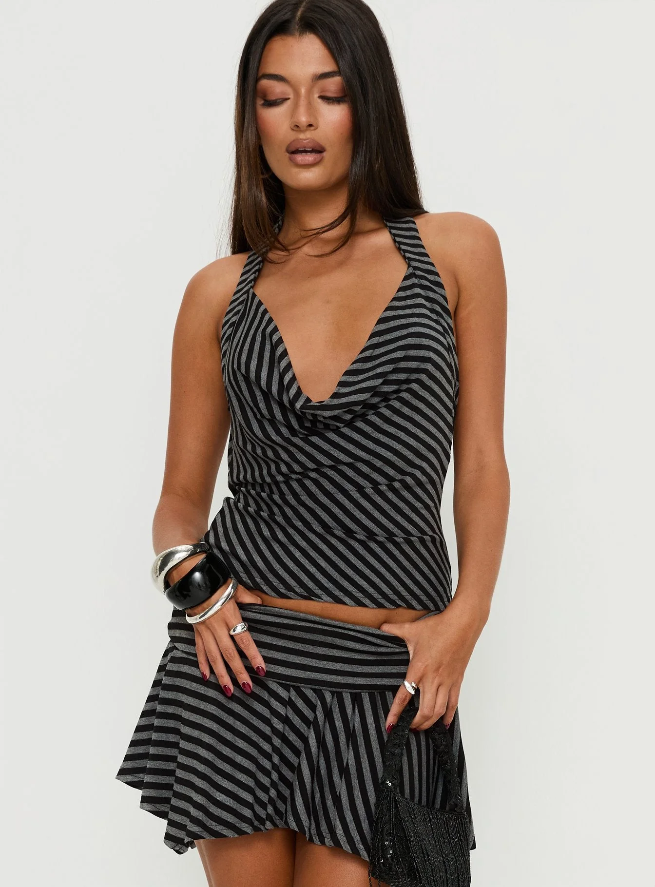 Dyana Cowl Neck Top Grey / Black Stripe - Image 2