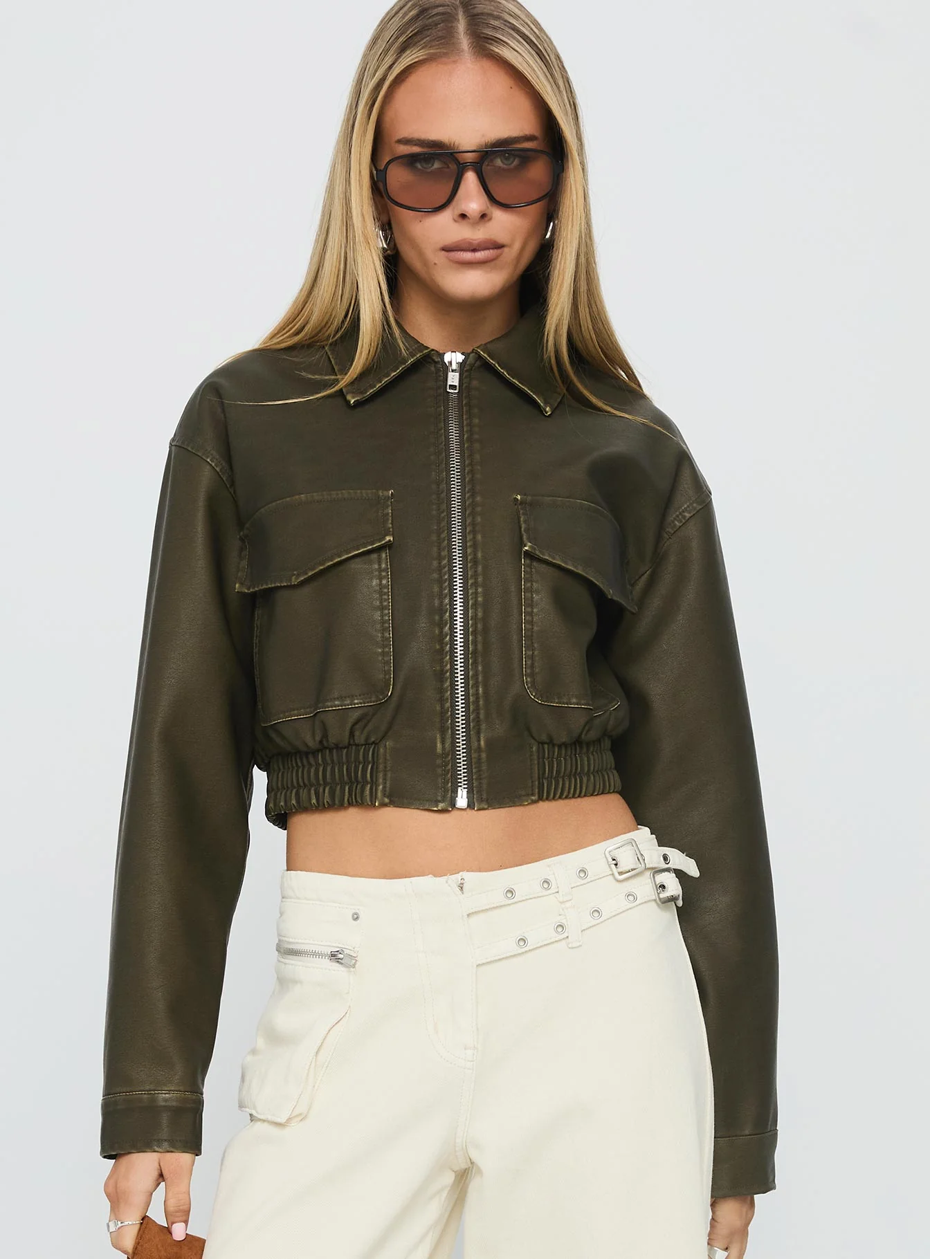 Eavar Faux Leather Jacket Olive - Image 2