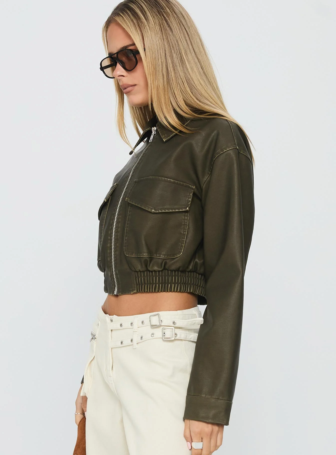 Eavar Faux Leather Jacket Olive - Image 4