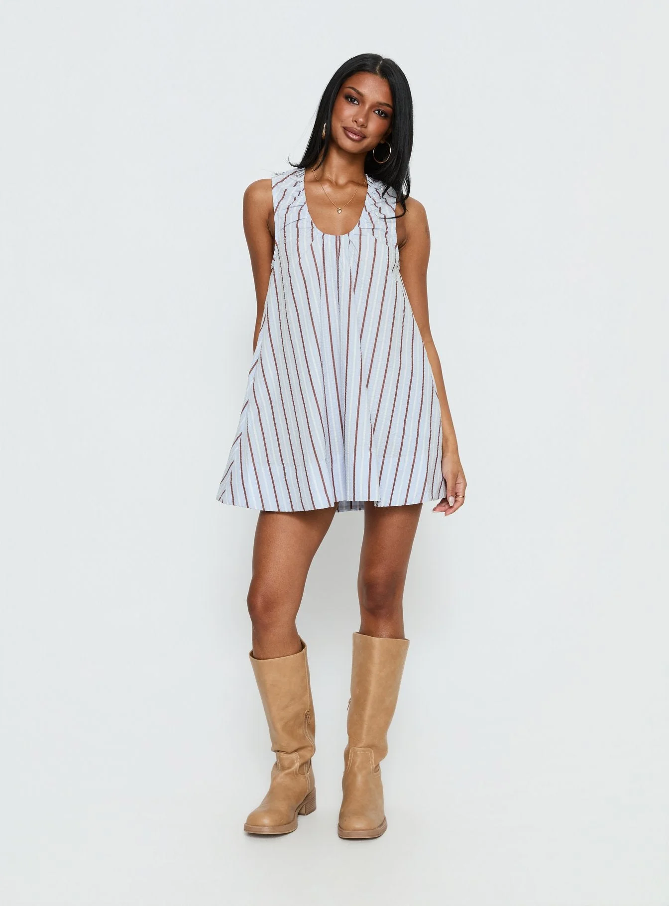 Eberta Ruched Baby Doll Mini Dress Blue Stripe - Image 2