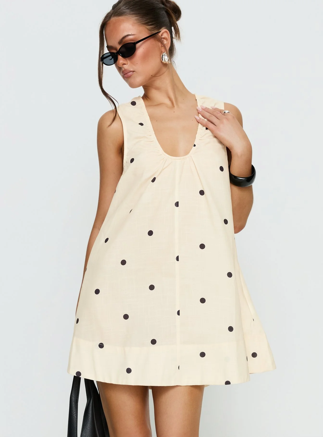 Eberta Ruched Baby Doll Mini Dress Yellow Polka Dot - Image 2