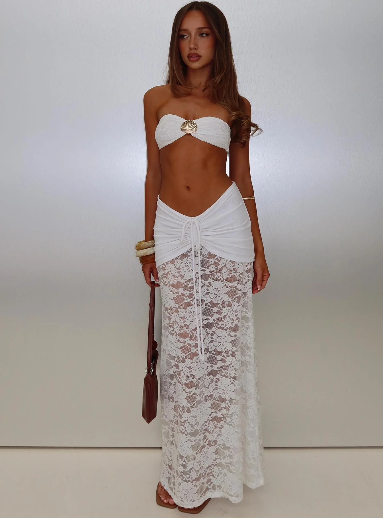Eilise Ruched Sheer Maxi Skirt White - Image 8
