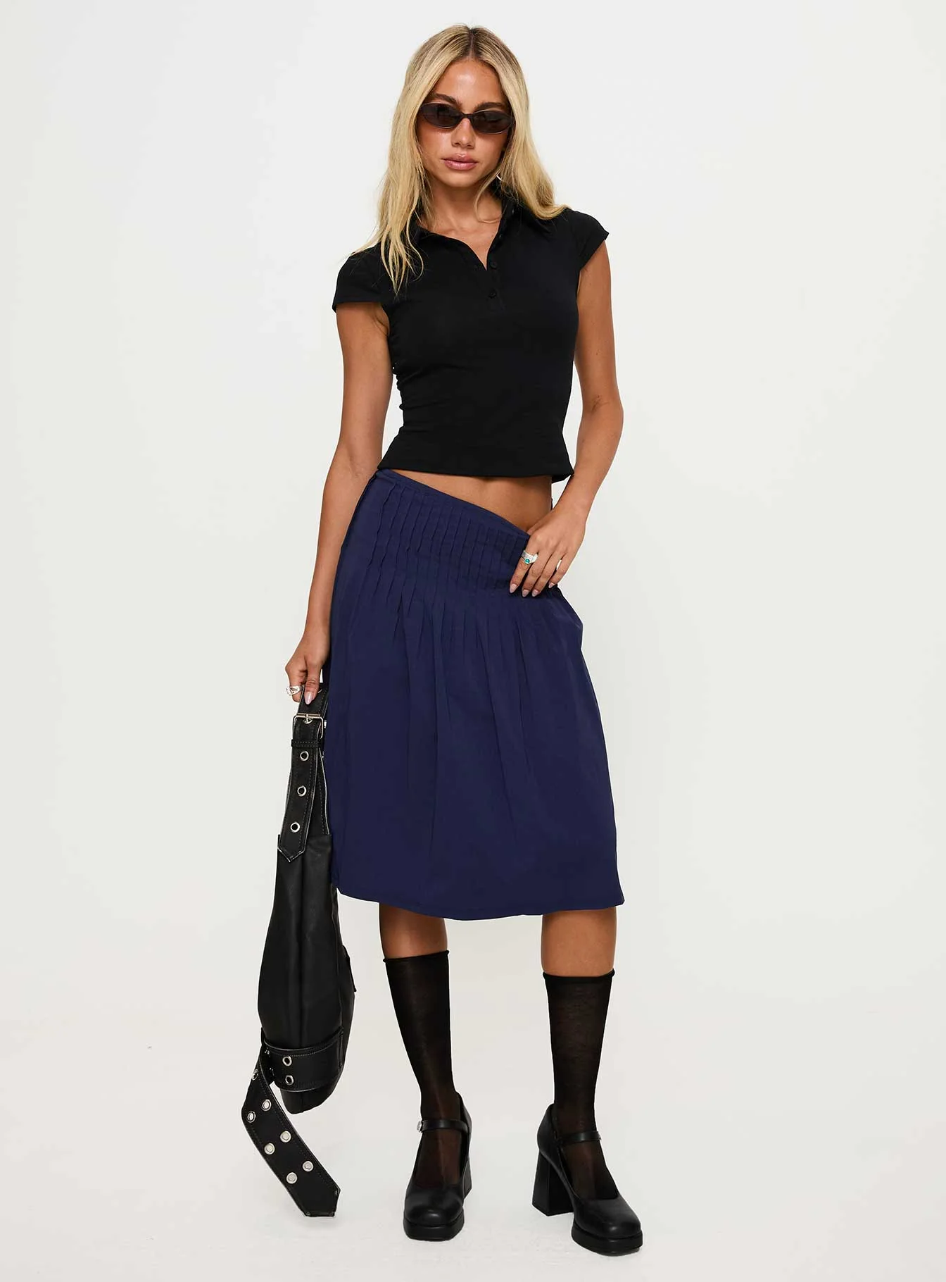 Elaila Pleat Midi Skirt Navy - Image 2