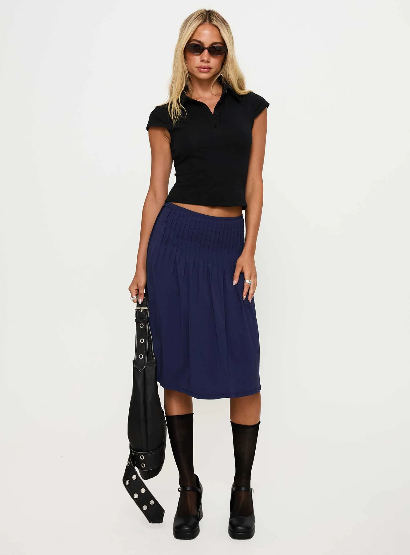 Elaila Pleat Midi Skirt Navy - Image 3