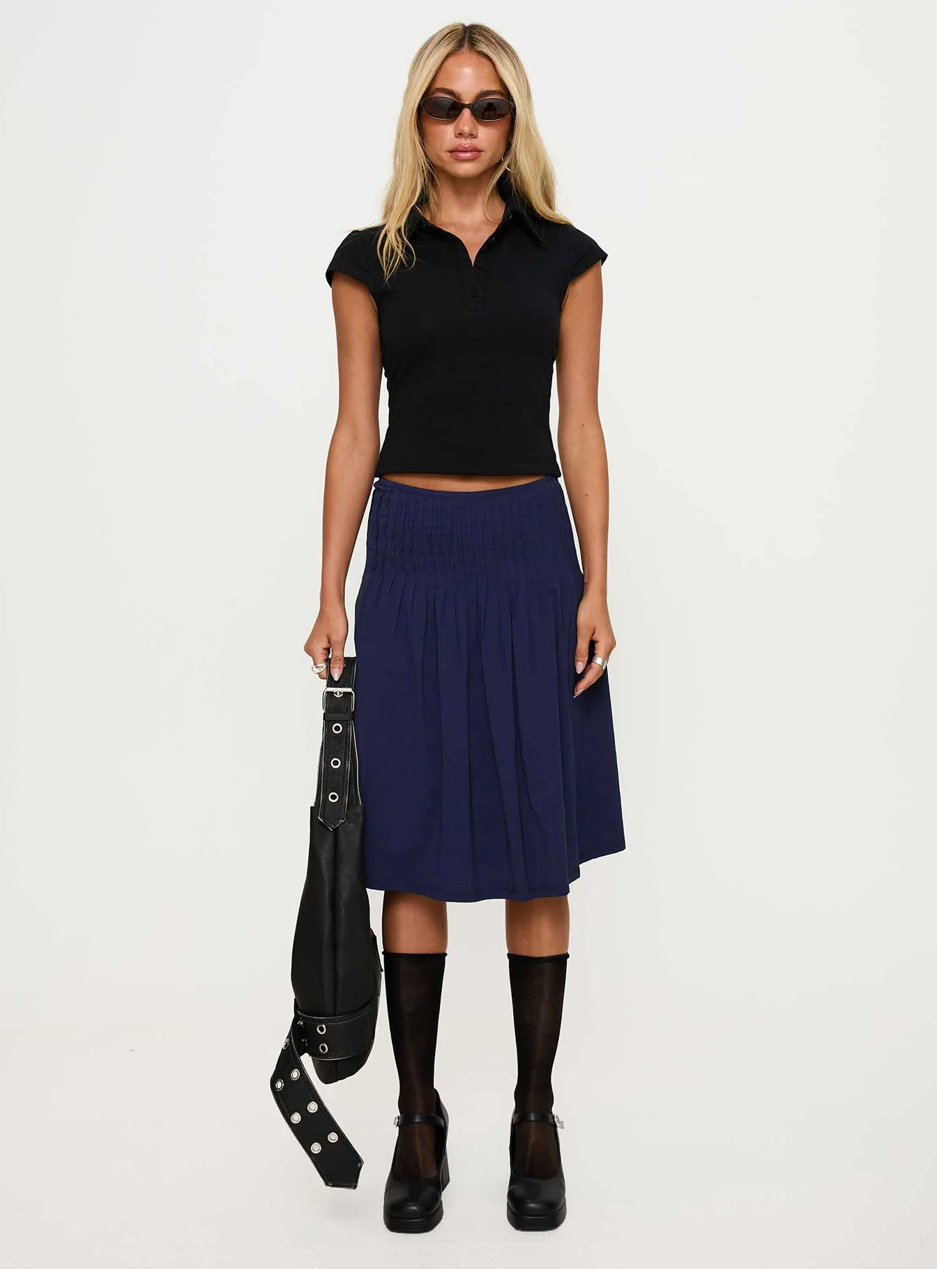 Elaila Pleat Midi Skirt Navy - Image 7