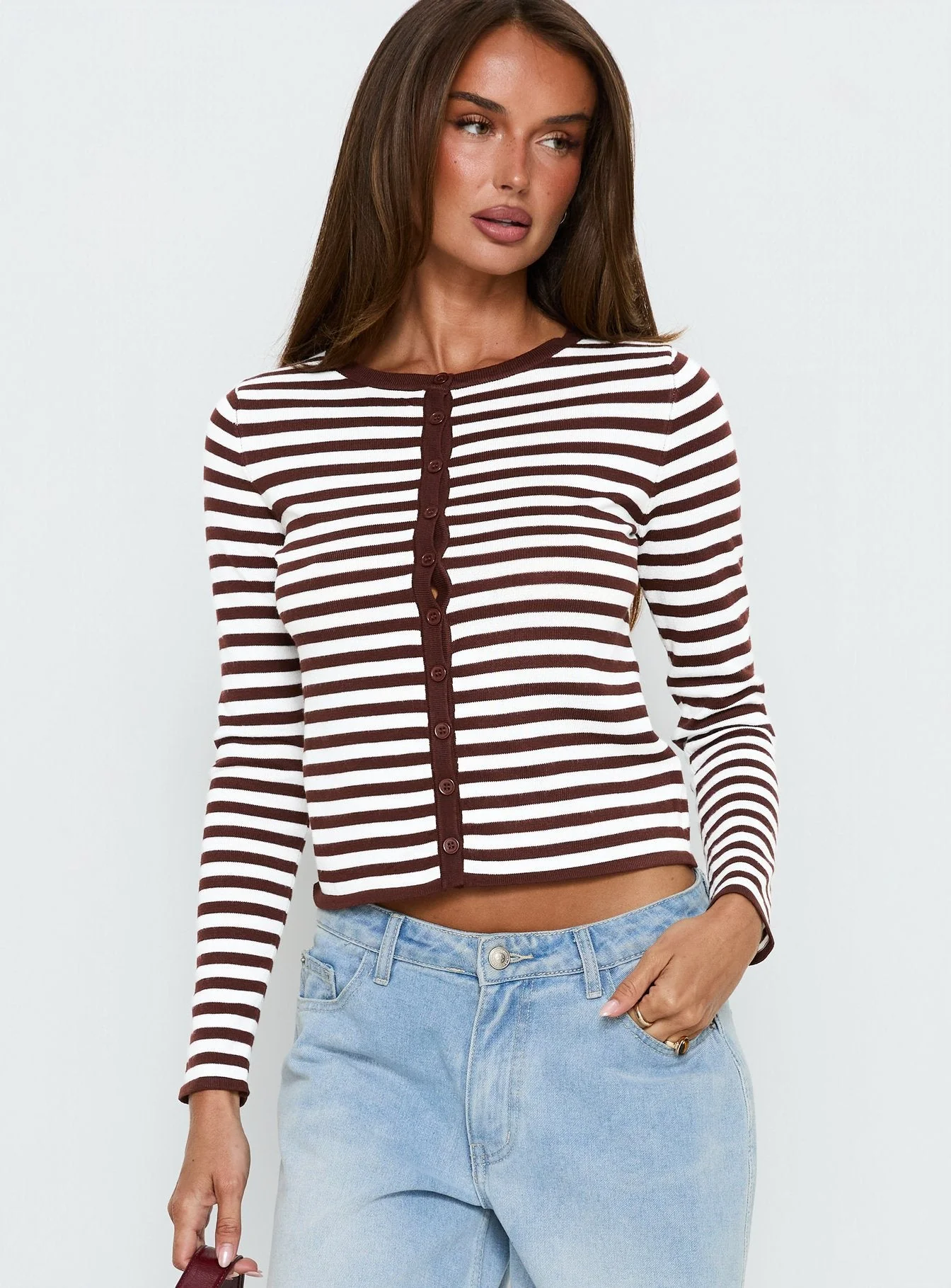 Elcie Button Up Cardigan Brown Stripe - Image 2