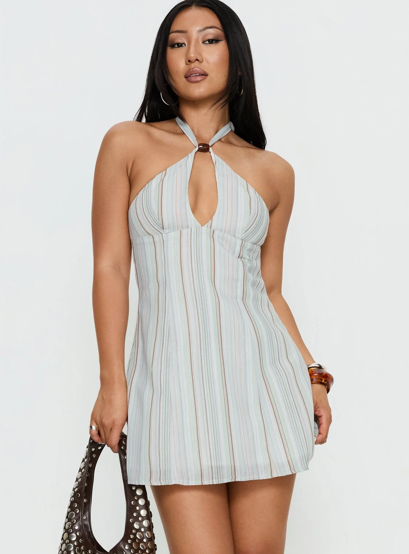 Electric Night Halter Mini Dress Blue Stripe - Image 2