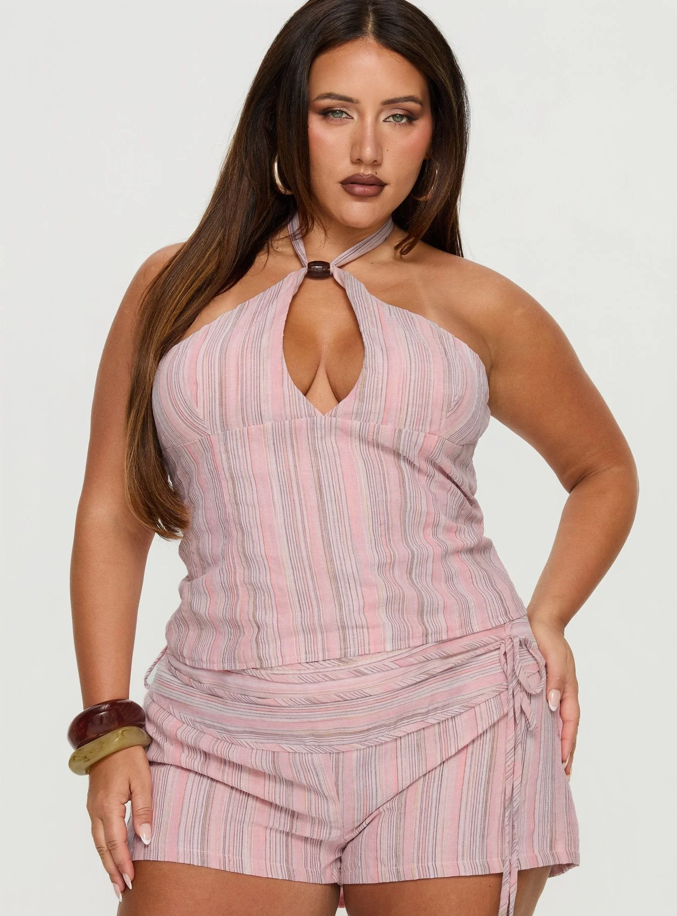 Electric Night Halter Tie Back Top Pink Stripe Curve - Image 2