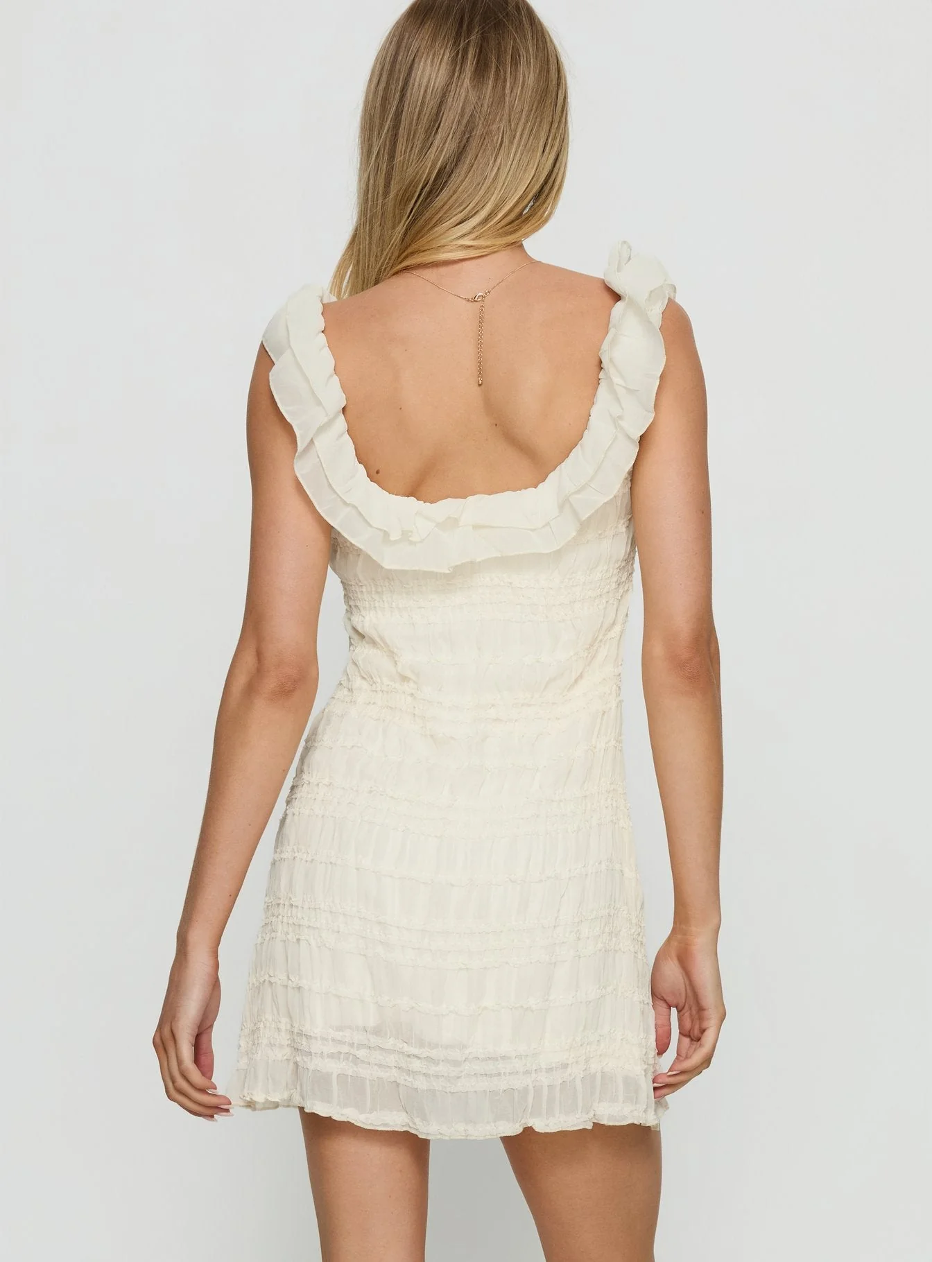 Elenore Frill Textured Mini Dress Cream - Image 4
