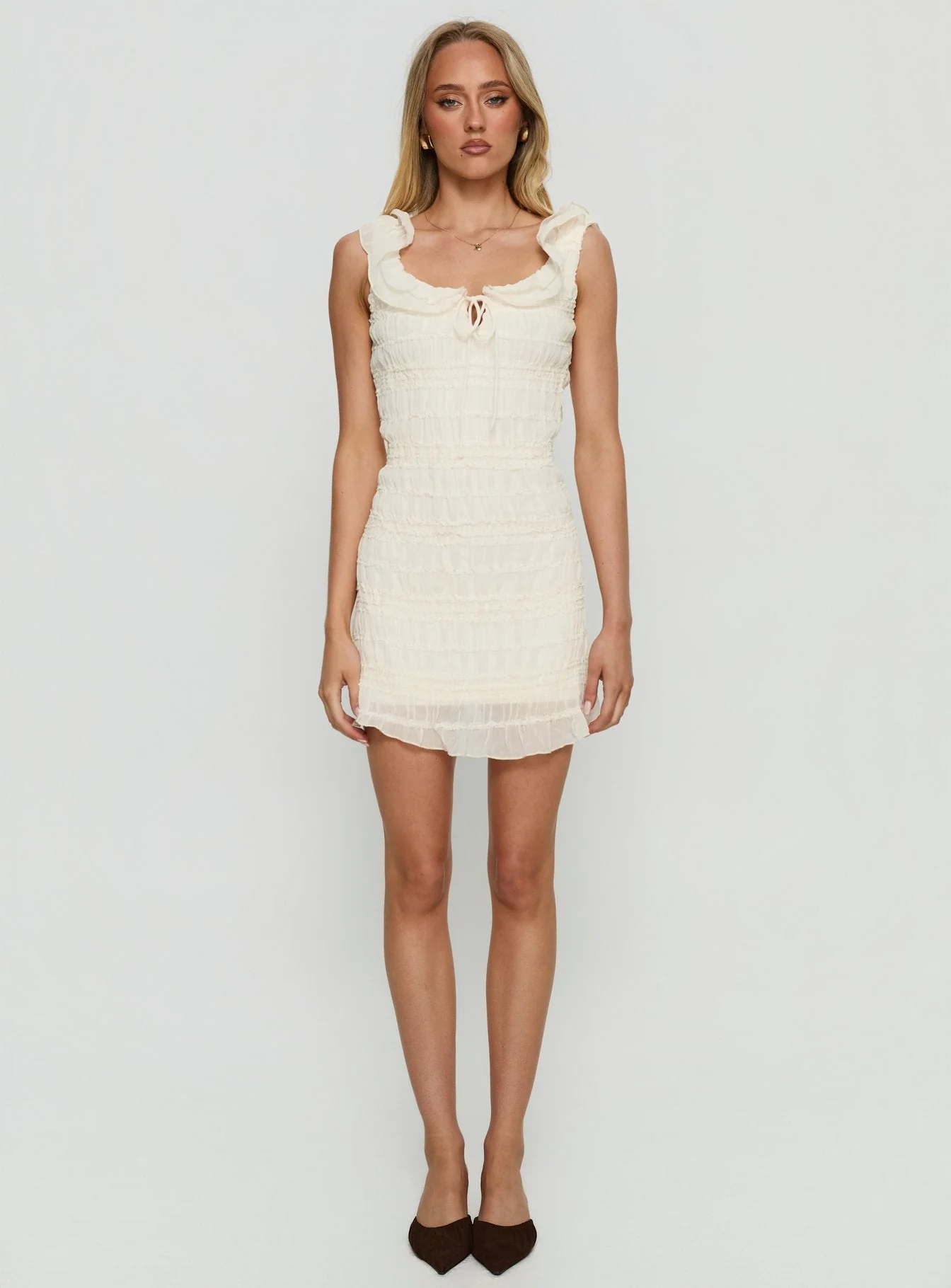 Elenore Frill Textured Mini Dress Cream - Image 6