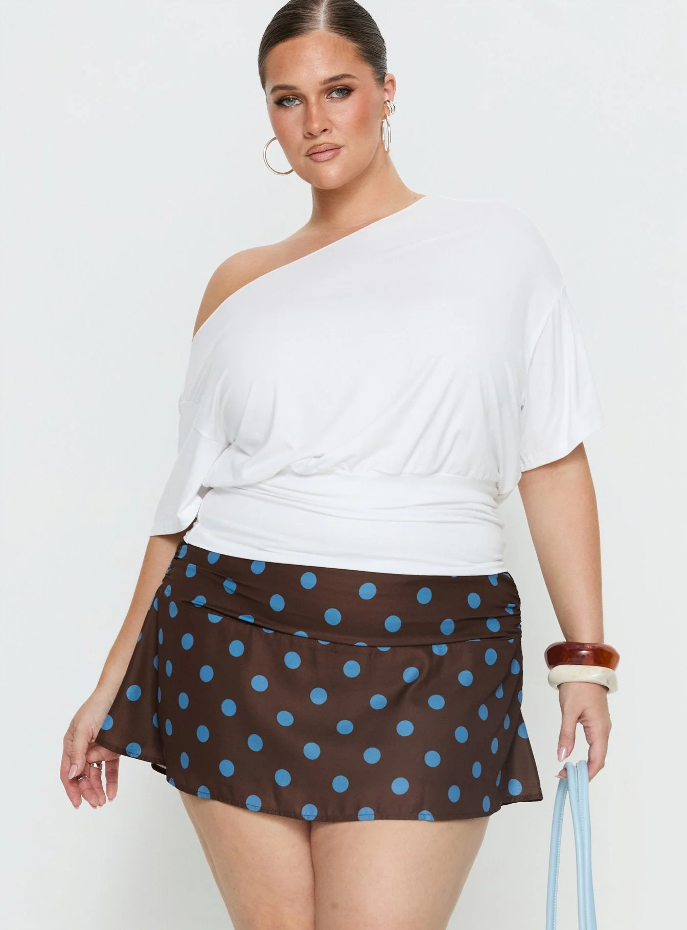Elicia Ruched Mini Skirt Brown / Blue Polka Dot Curve - Image 2