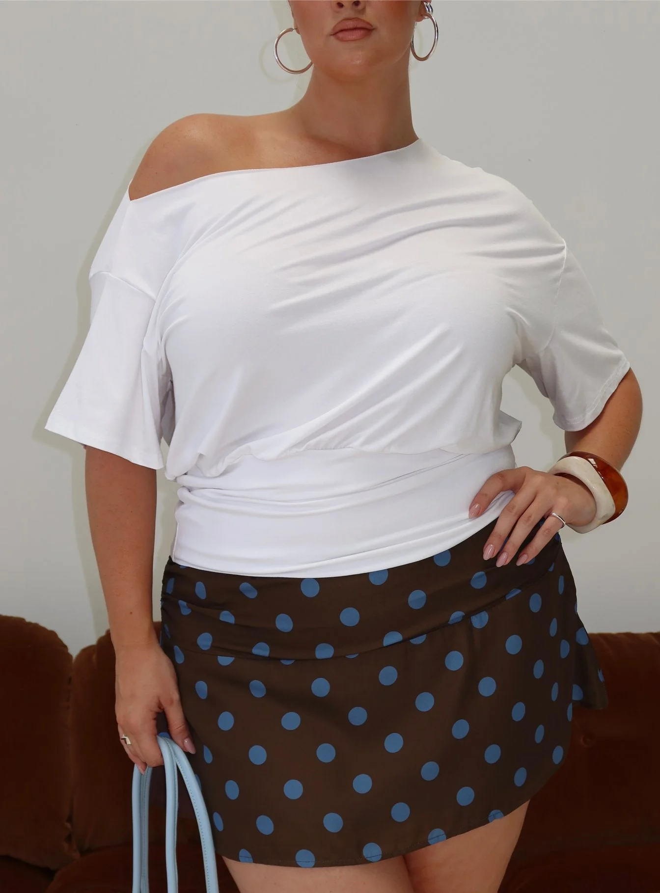Elicia Ruched Mini Skirt Brown / Blue Polka Dot Curve - Image 8