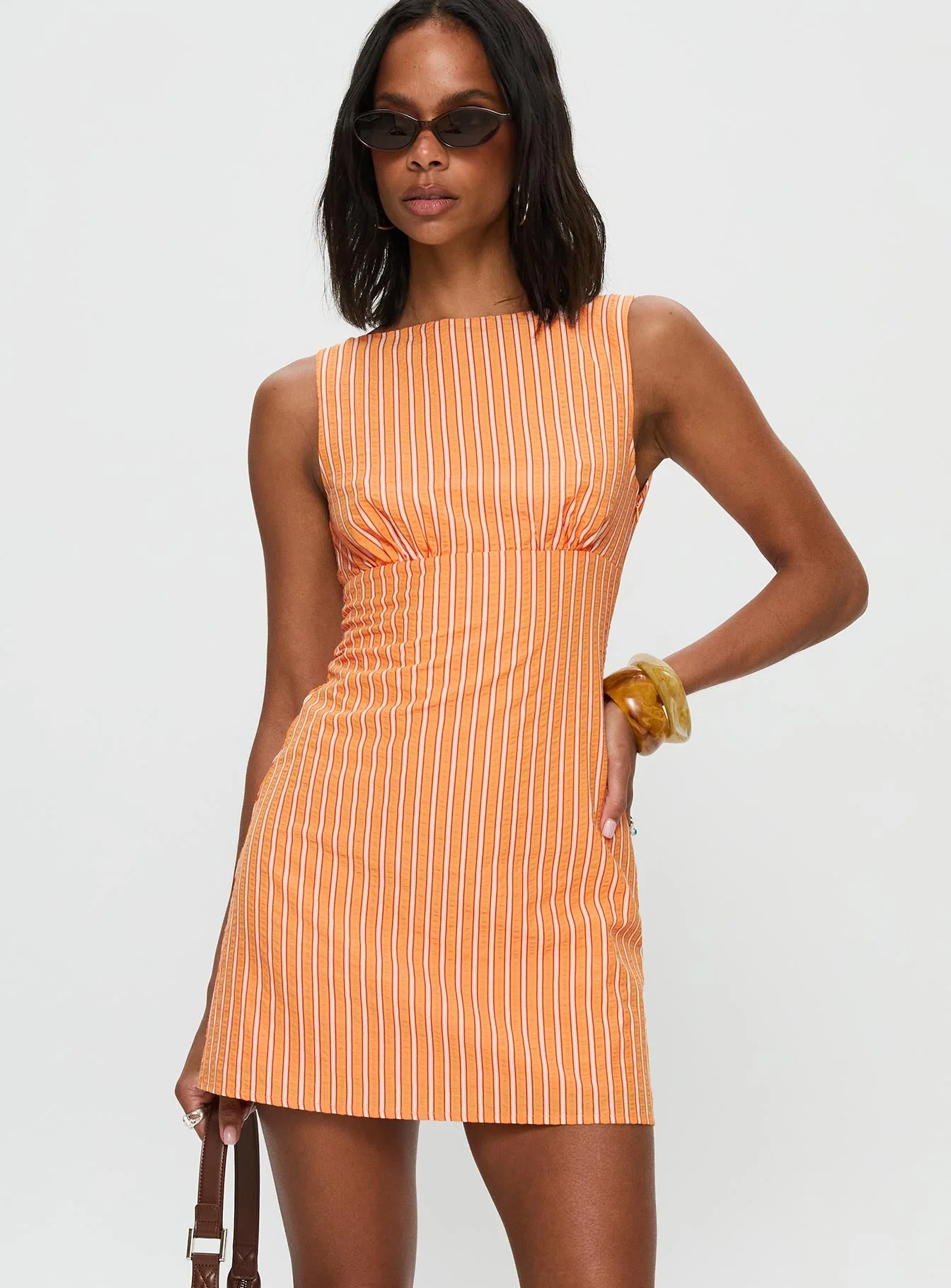 Ellesandra Boat Neck Mini Dress Orange Stripe - Image 2