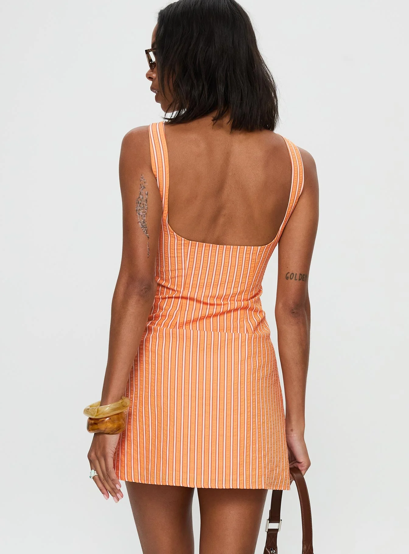 Ellesandra Boat Neck Mini Dress Orange Stripe - Image 5
