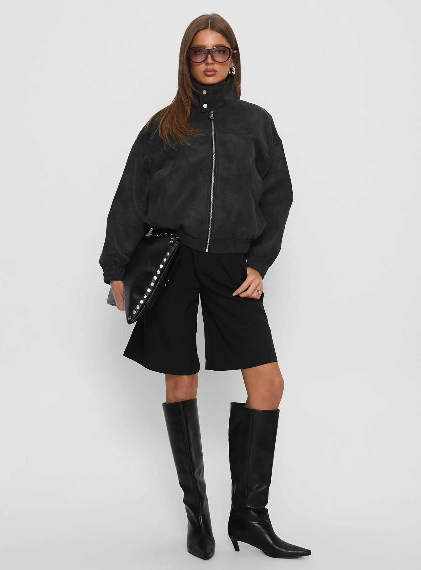Ellissa Faux Suede Bomber Jacket Black - Image 3