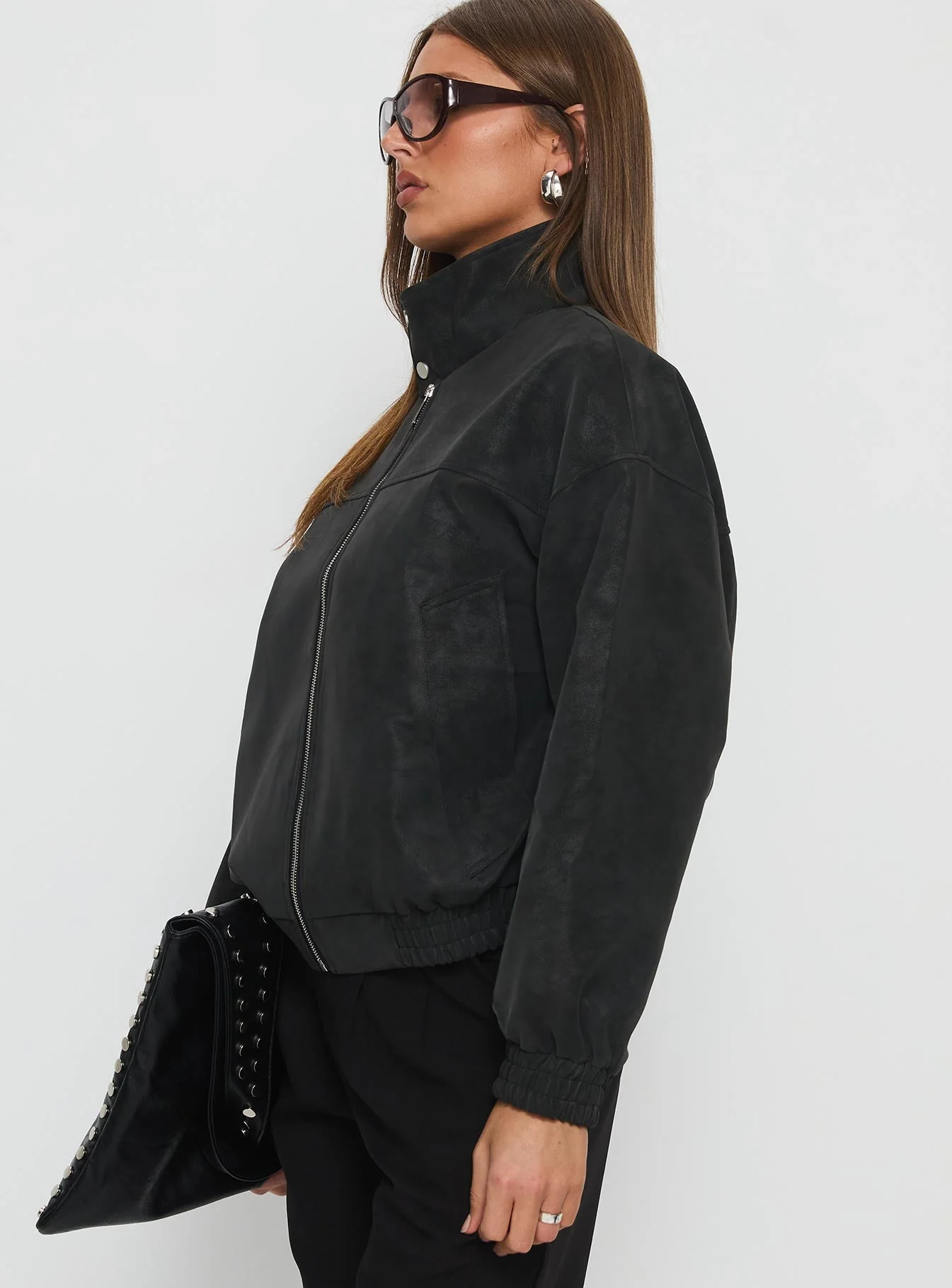 Ellissa Faux Suede Bomber Jacket Black - Image 4