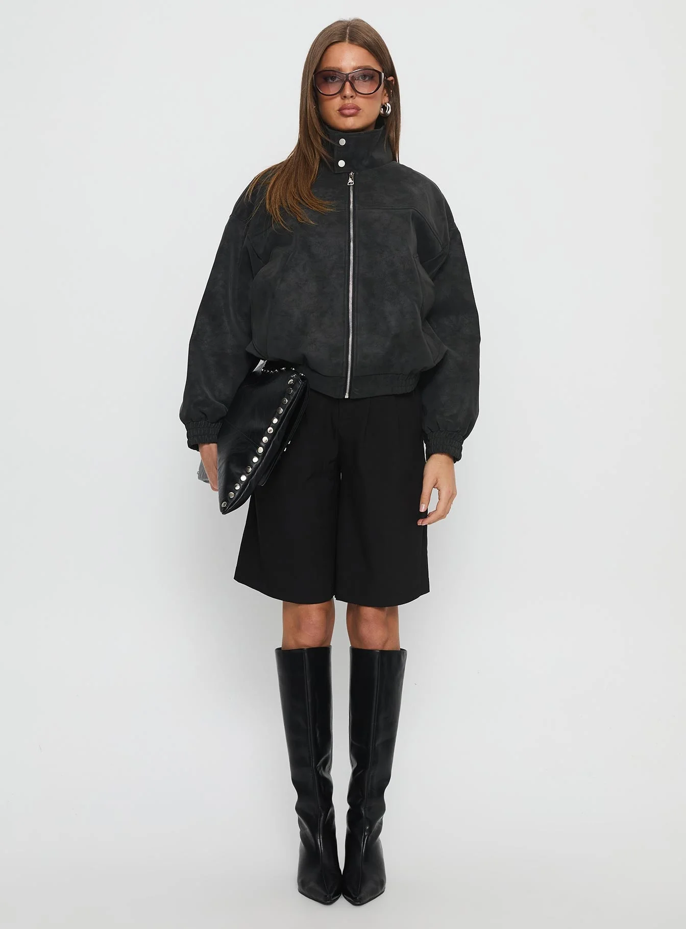 Ellissa Faux Suede Bomber Jacket Black - Image 7