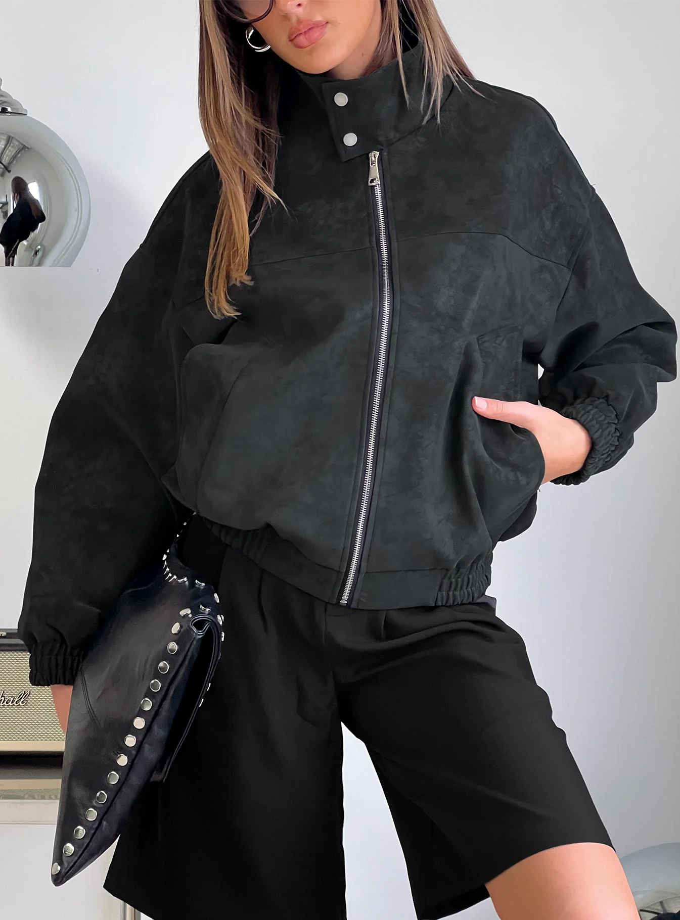 Ellissa Faux Suede Bomber Jacket Black - Image 8