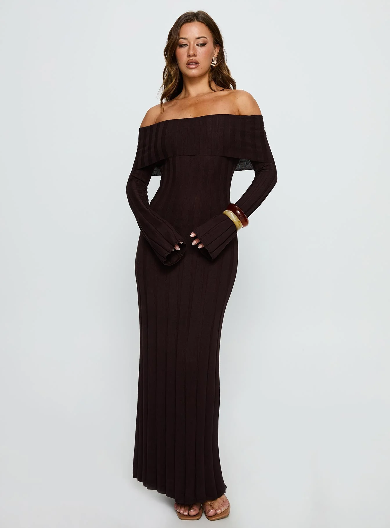 Ellouisa Long Sleeve Rib Maxi Dress Chocolate - Image 2