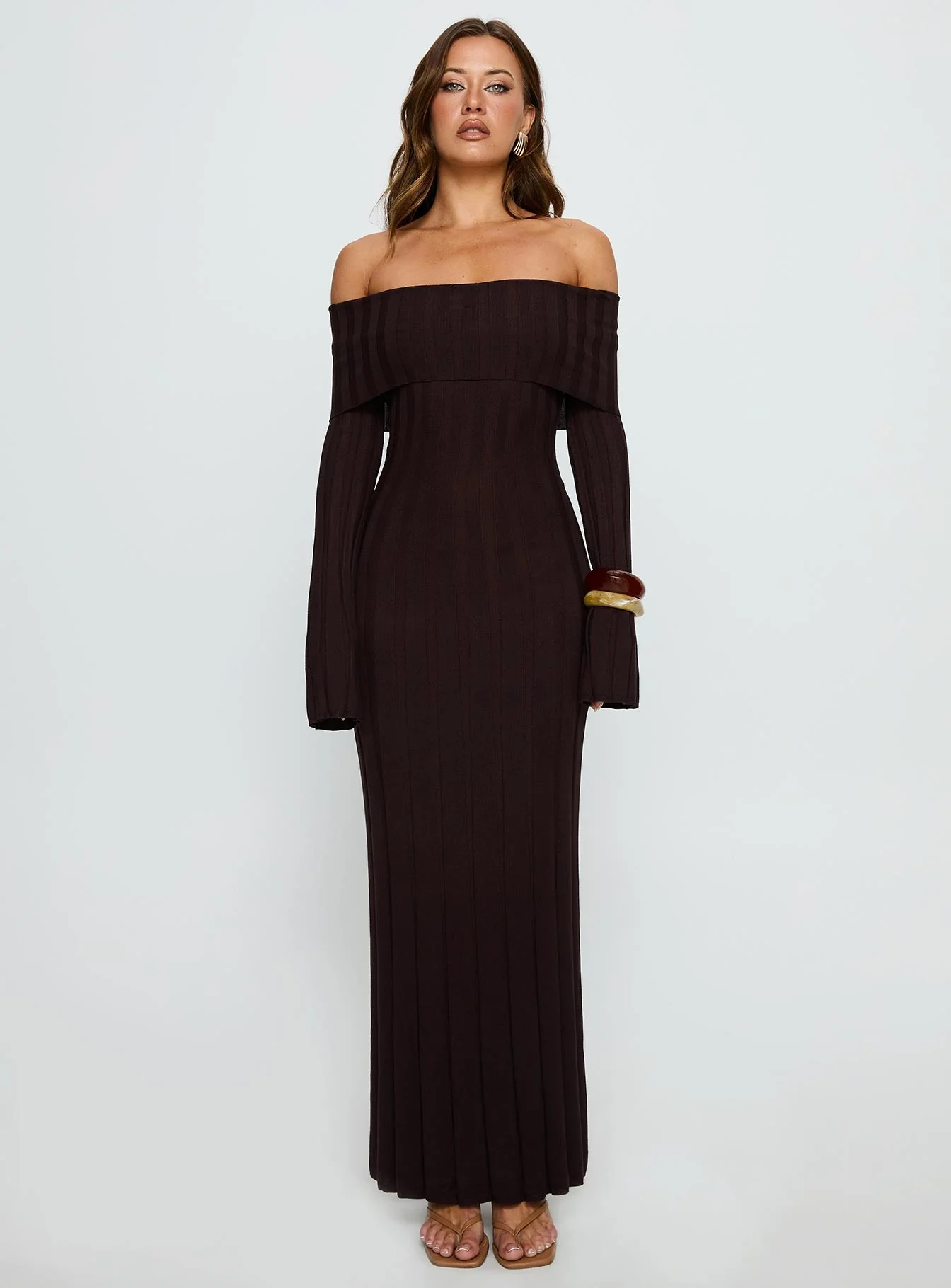 Ellouisa Long Sleeve Rib Maxi Dress Chocolate - Image 7