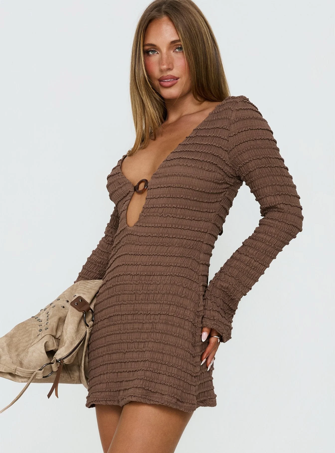 Elnora Long Sleeve Plunge Mini Dress Brown - Image 5