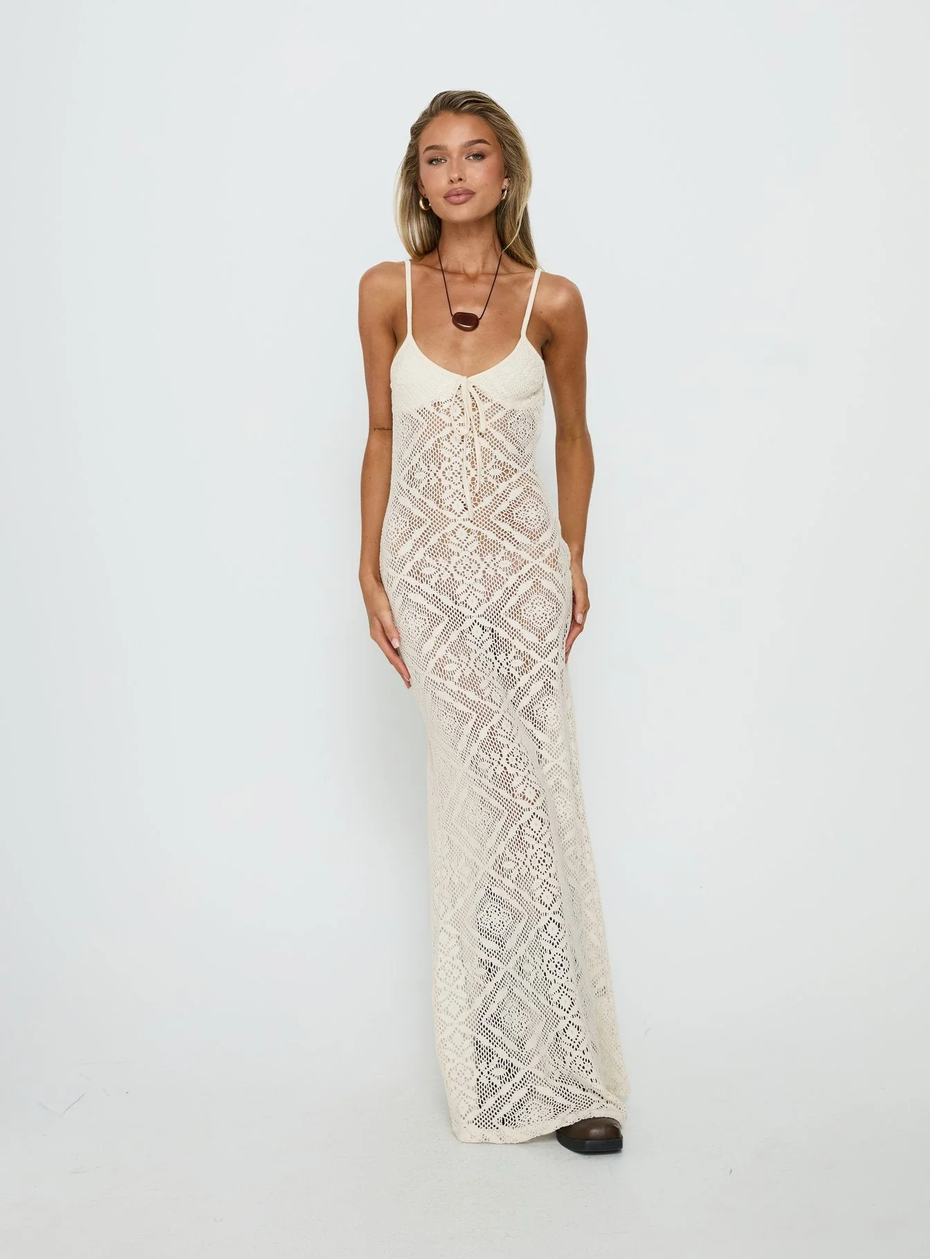 Eminent Crochet Low Back Maxi Dress Cream - Image 2