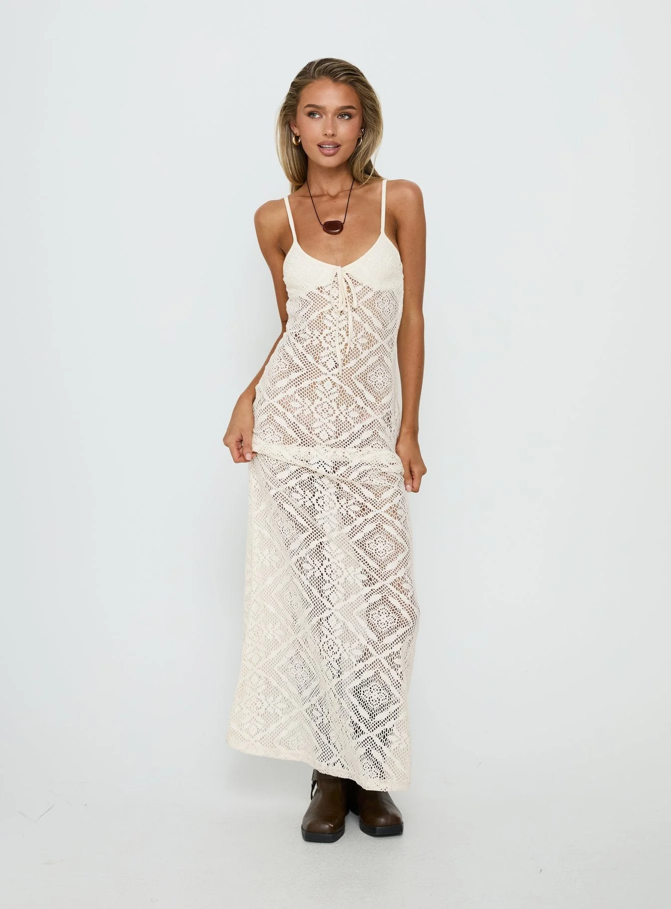 Eminent Crochet Low Back Maxi Dress Cream - Image 3