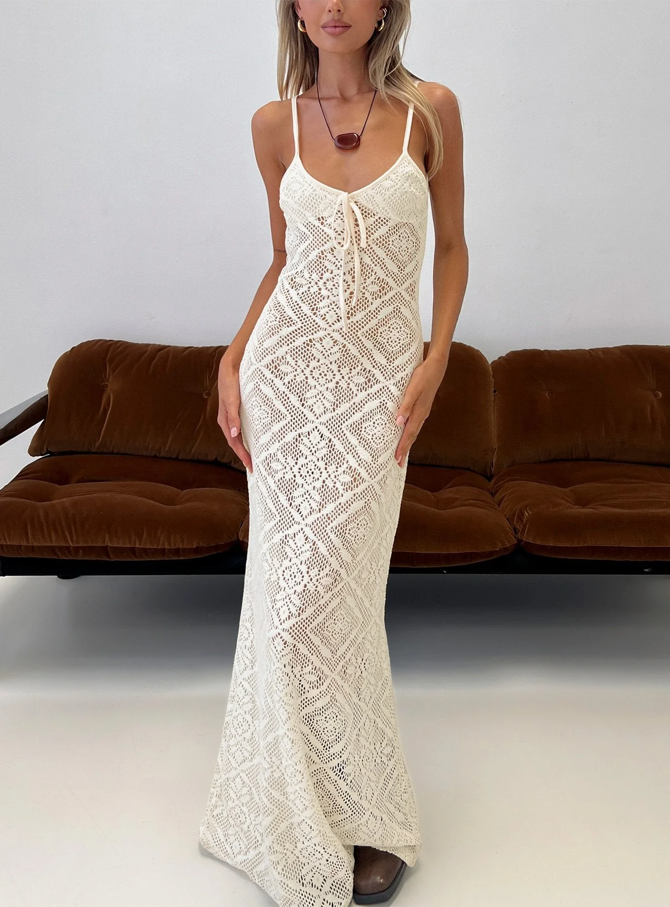 Eminent Crochet Low Back Maxi Dress Cream - Image 9