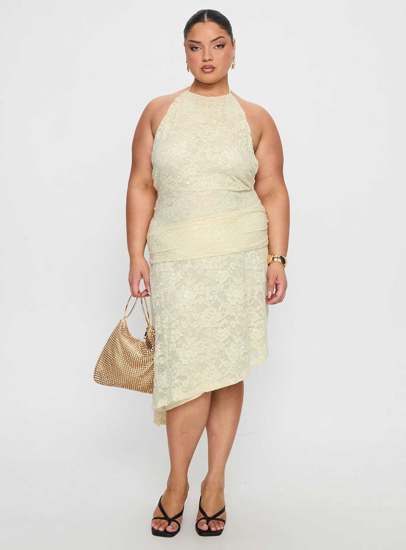 Emmalie Lace Asymmetrical Midi Dress Butter Yellow Curve - Image 3