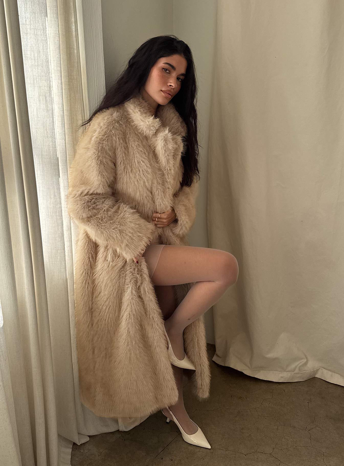 End Of Beginning Faux Fur Longline Jacket Beige - Image 11