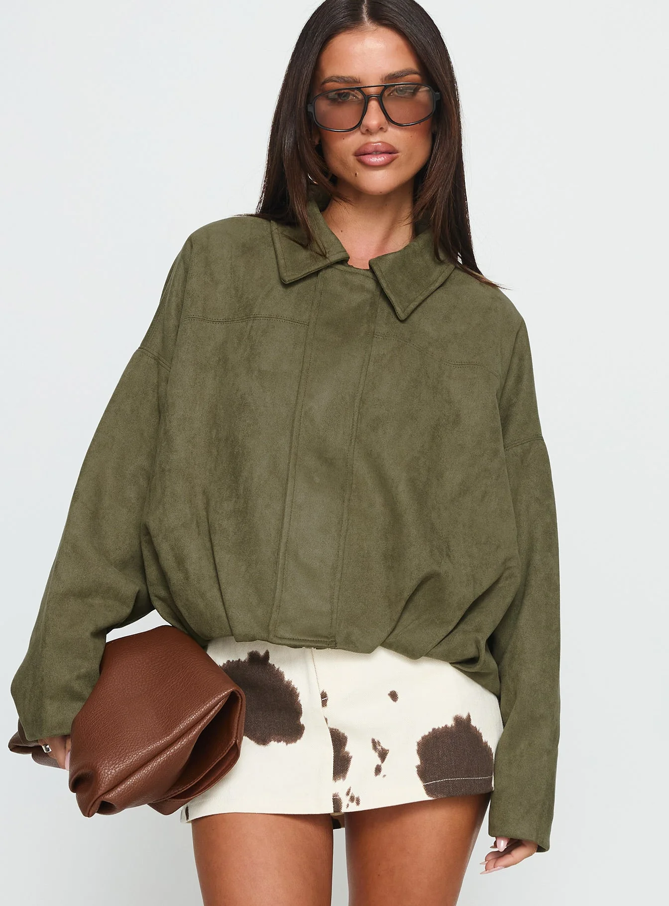 Enlightened Faux Suede Bomber Jacket Khaki - Image 2