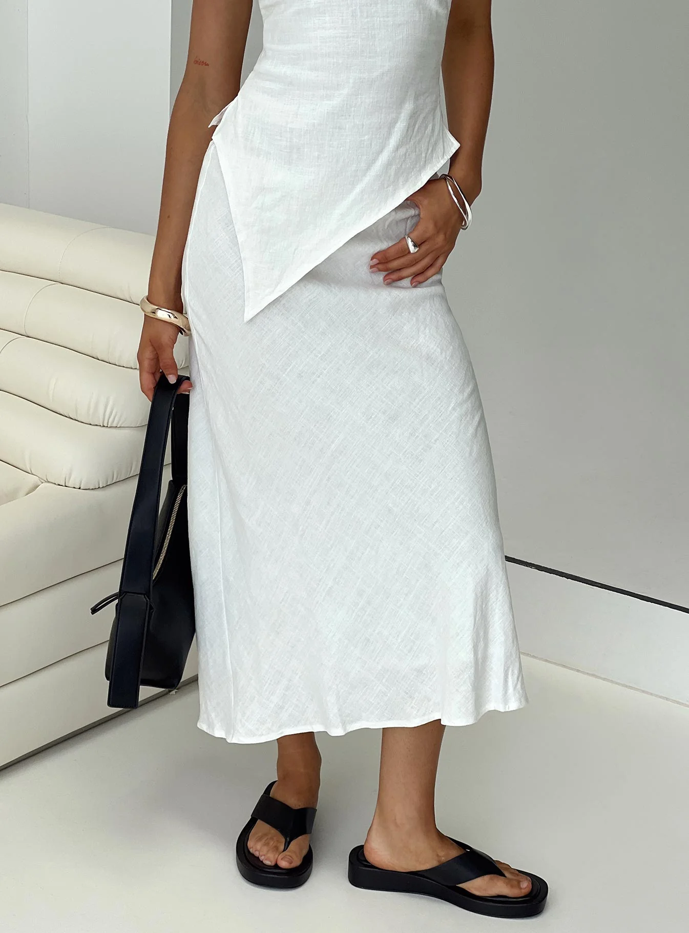 Ermias Linen Blend Midi Skirt White - Image 8