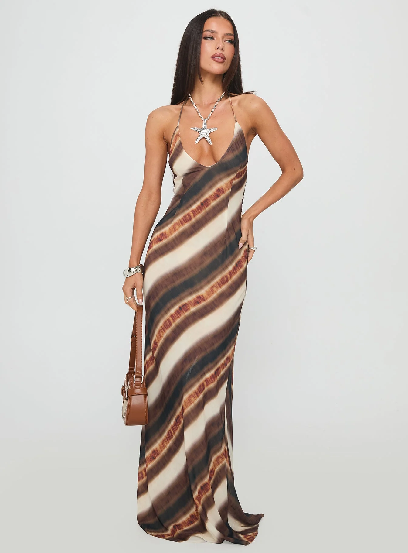 Esmira Halter Maxi Dress Brown Stripe - Image 2