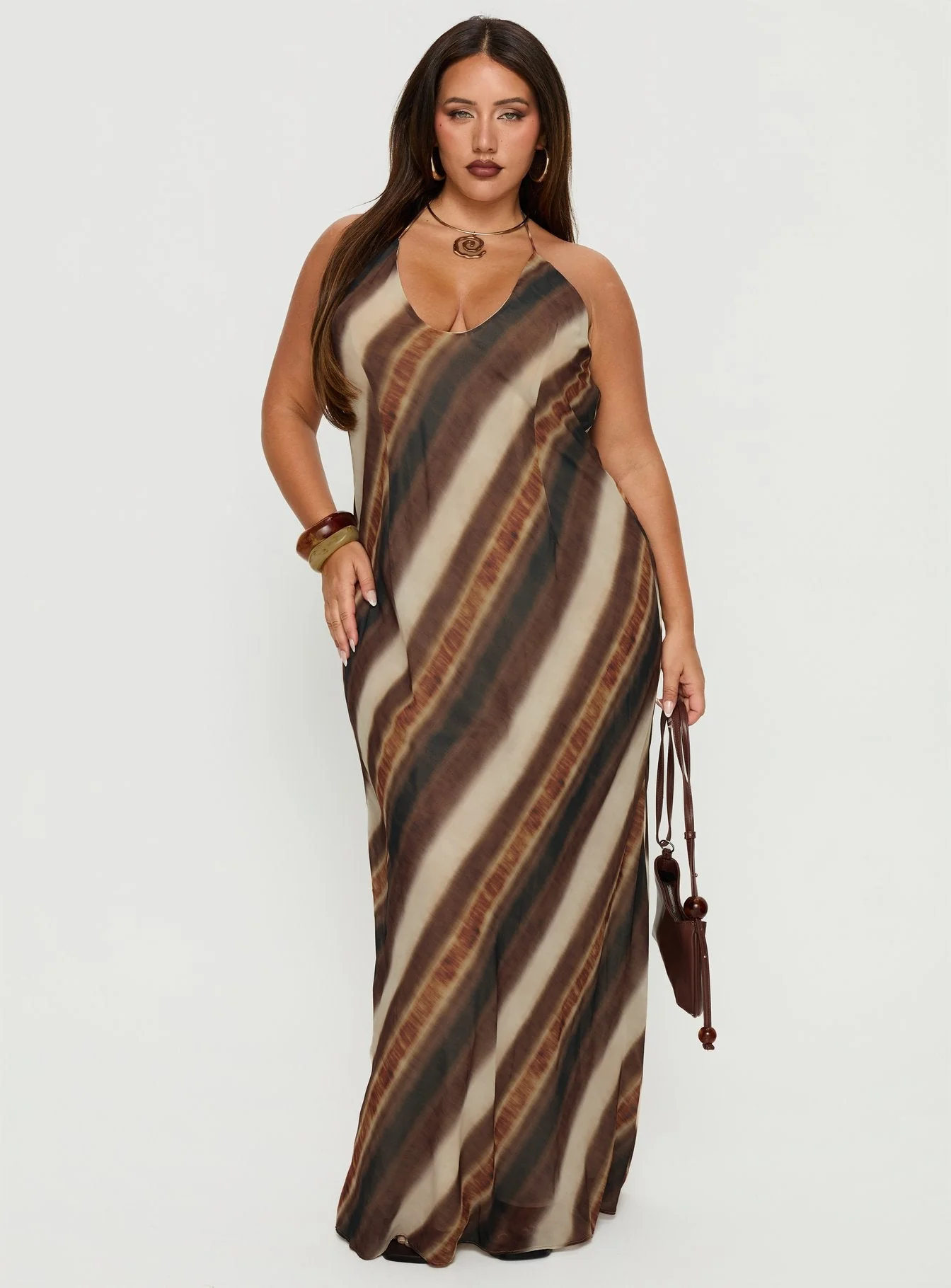 Esmira Halter Maxi Dress Brown Stripe Curve - Image 2