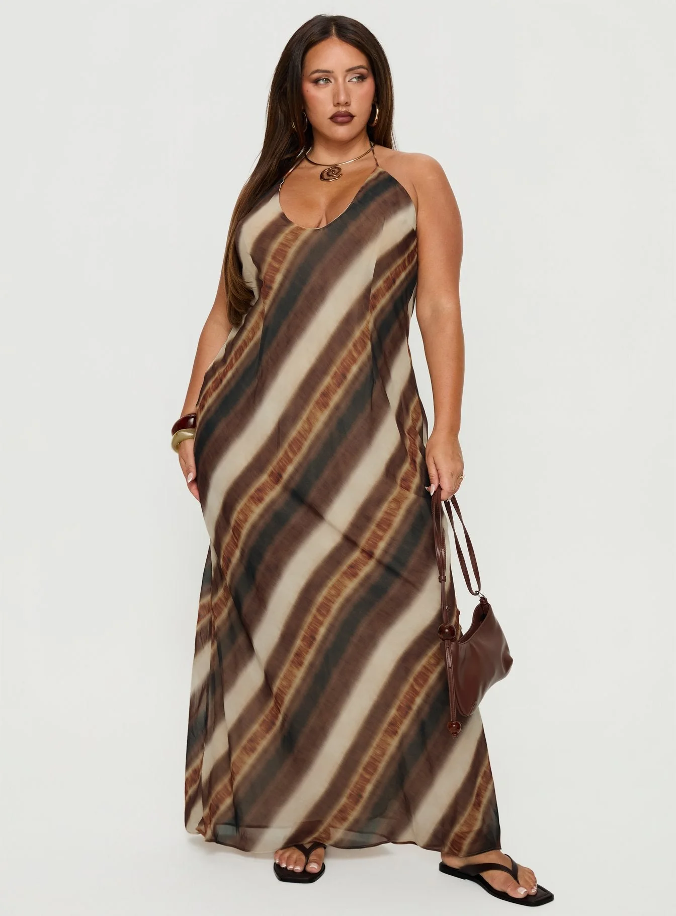 Esmira Halter Maxi Dress Brown Stripe Curve - Image 3