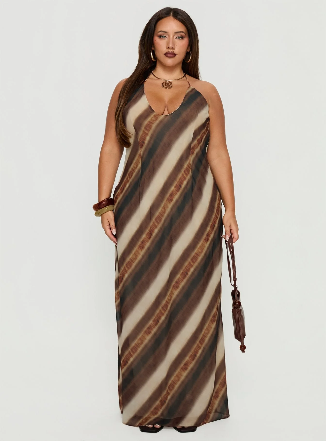 Esmira Halter Maxi Dress Brown Stripe Curve - Image 7
