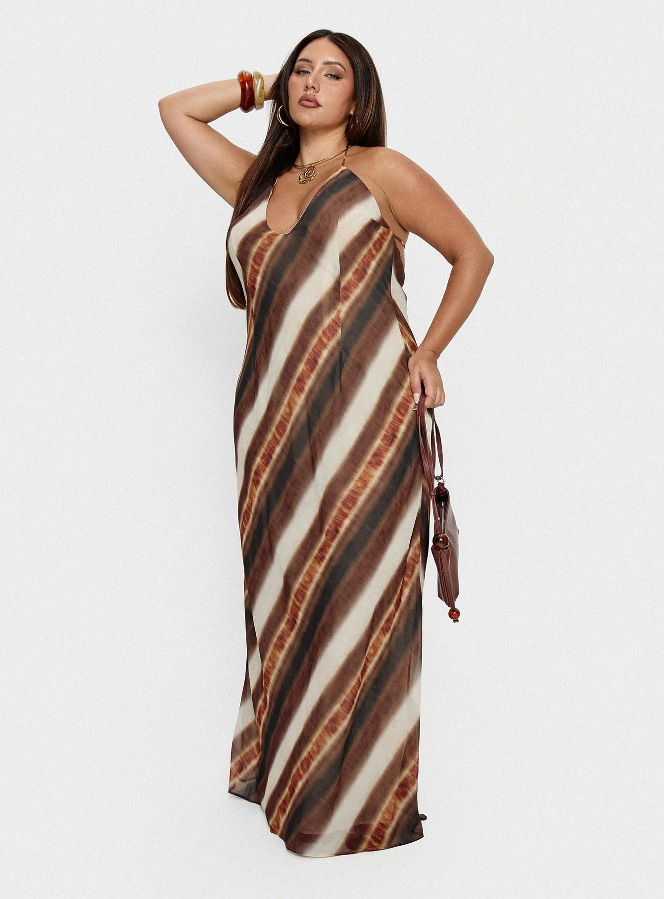 Esmira Halter Maxi Dress Brown Stripe Curve - Image 8