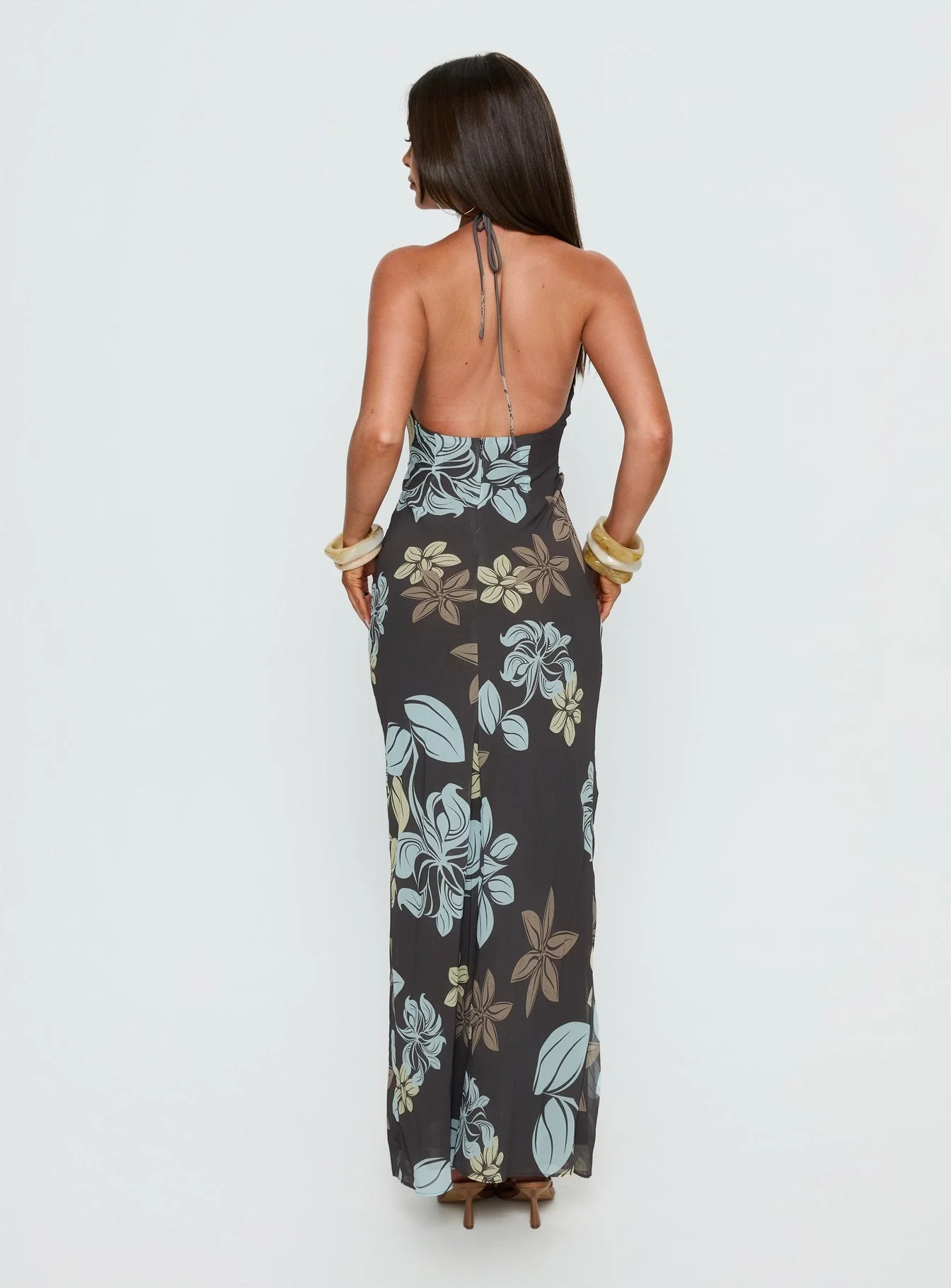 Esmira Halter Maxi Dress Chocolate / Blue Floral - Image 4