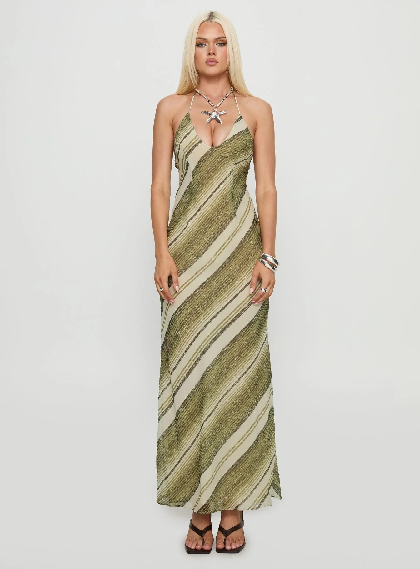 Esmira Halter Maxi Dress Green Stripe - Image 6