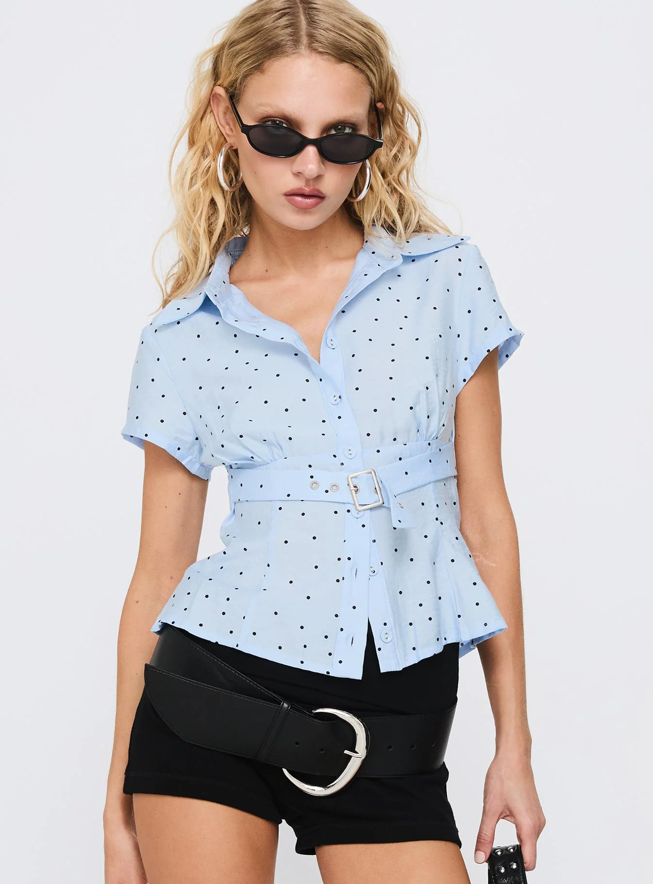 Esteem Buckle Detail Short Sleeve Shirt Blue Polka - Image 2