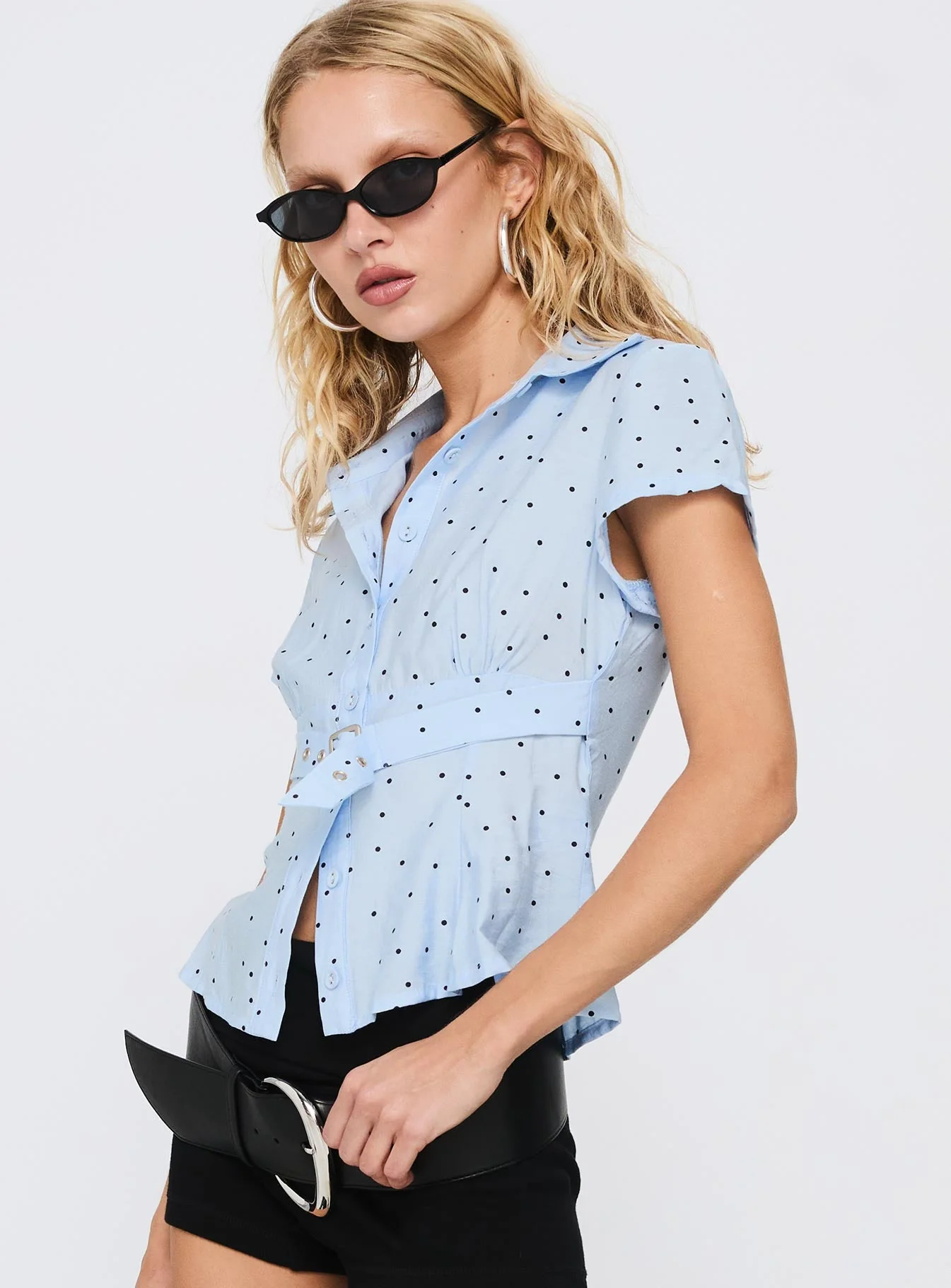 Esteem Buckle Detail Short Sleeve Shirt Blue Polka - Image 4