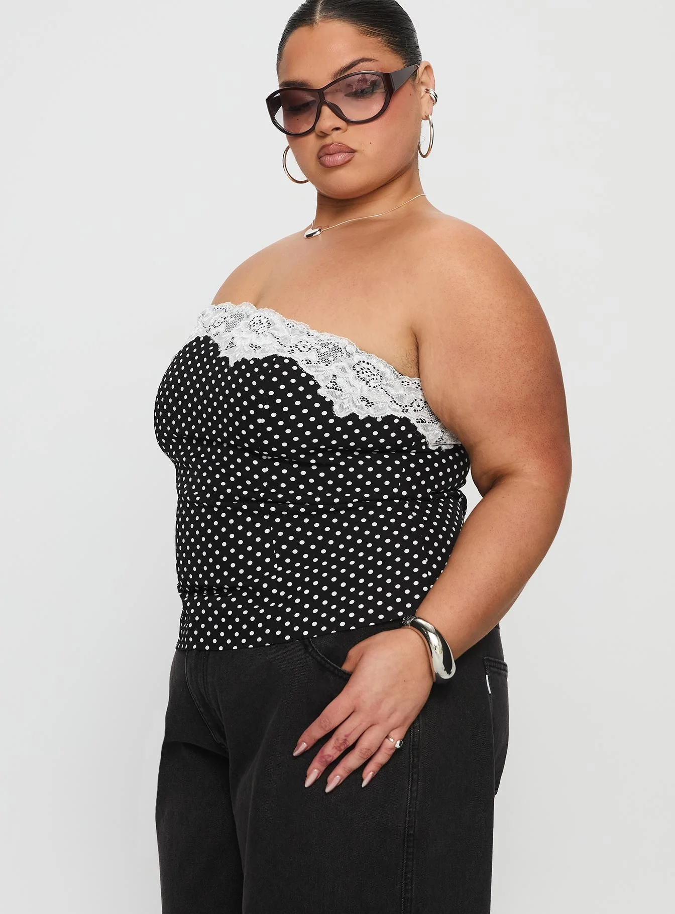 Ettore Lace Trim Strapless Top Black Polka Curve - Image 4