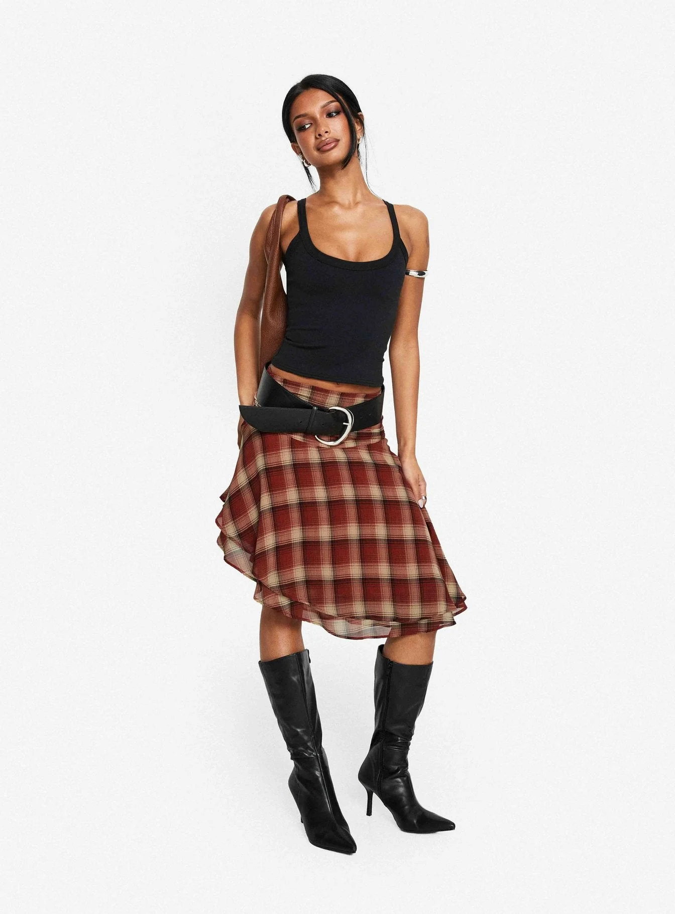 Evanescence Asymmetrical Midi Skirt Brown Check - Image 10