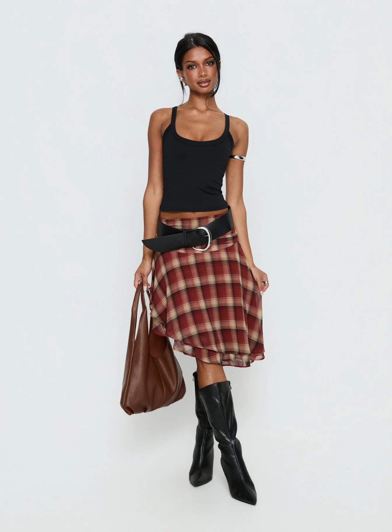 Evanescence Asymmetrical Midi Skirt Brown Check - Image 2