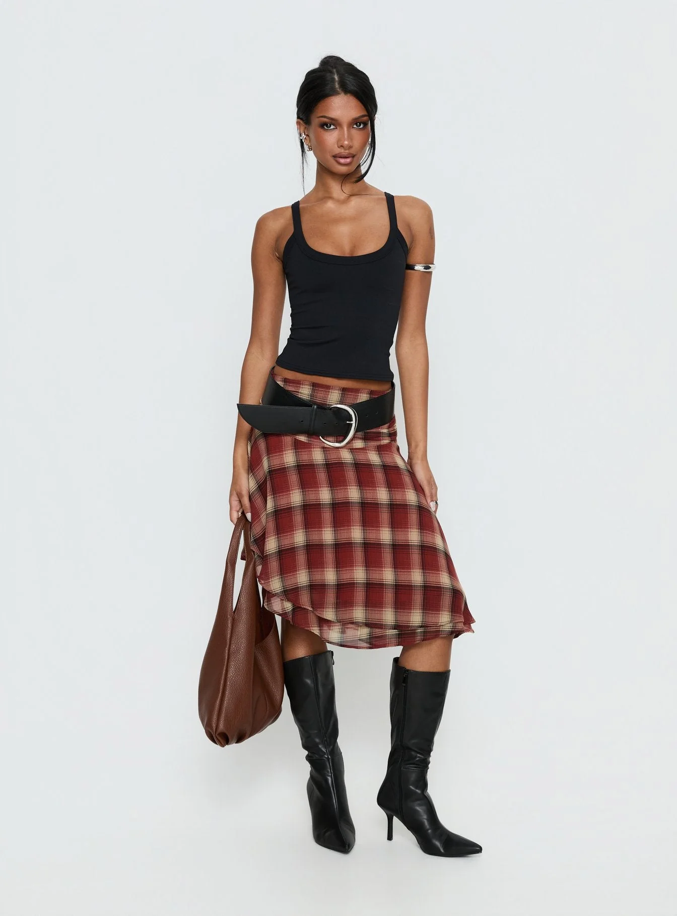 Evanescence Asymmetrical Midi Skirt Brown Check - Image 3