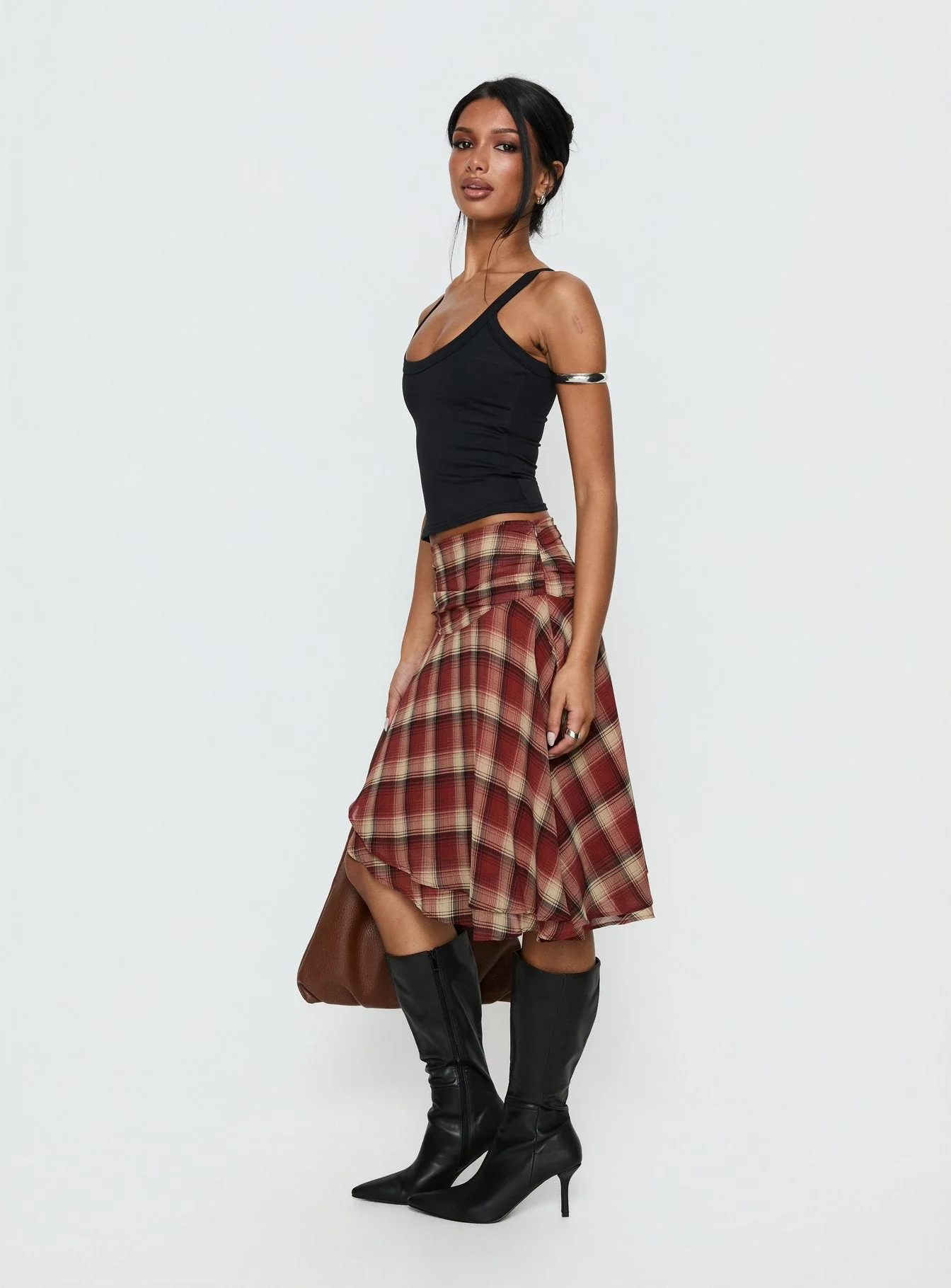 Evanescence Asymmetrical Midi Skirt Brown Check - Image 4